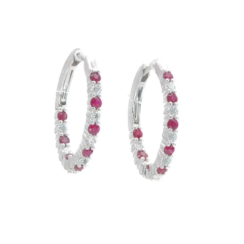 A pair of ruby and diamond hoop earrings