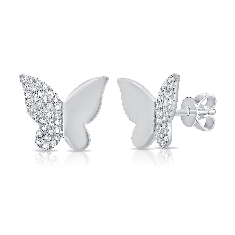 Tiny 14k White Gold and Diamond Butterfly Stud Earrings