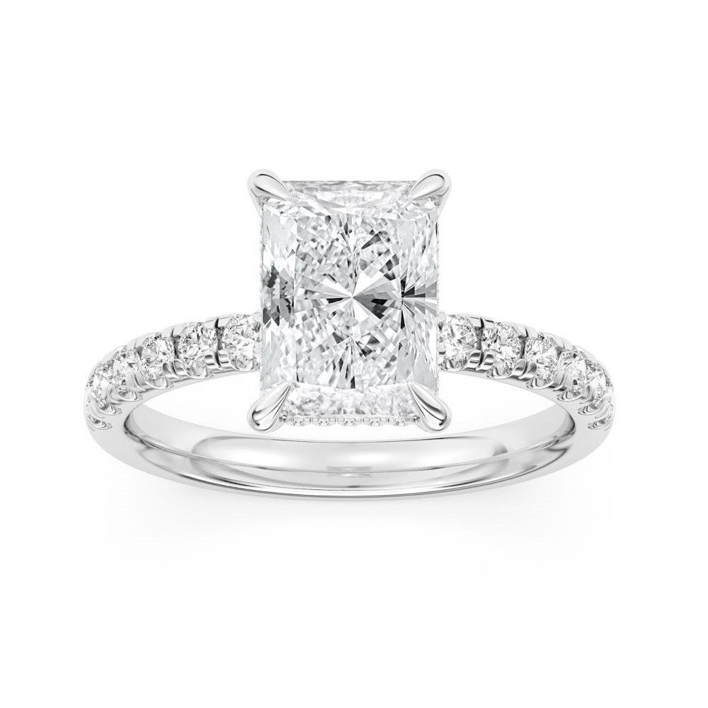 Front View of 100 Facet Radiant Lab Grown Diamond Engagement Ring with Under Halo in White Gold