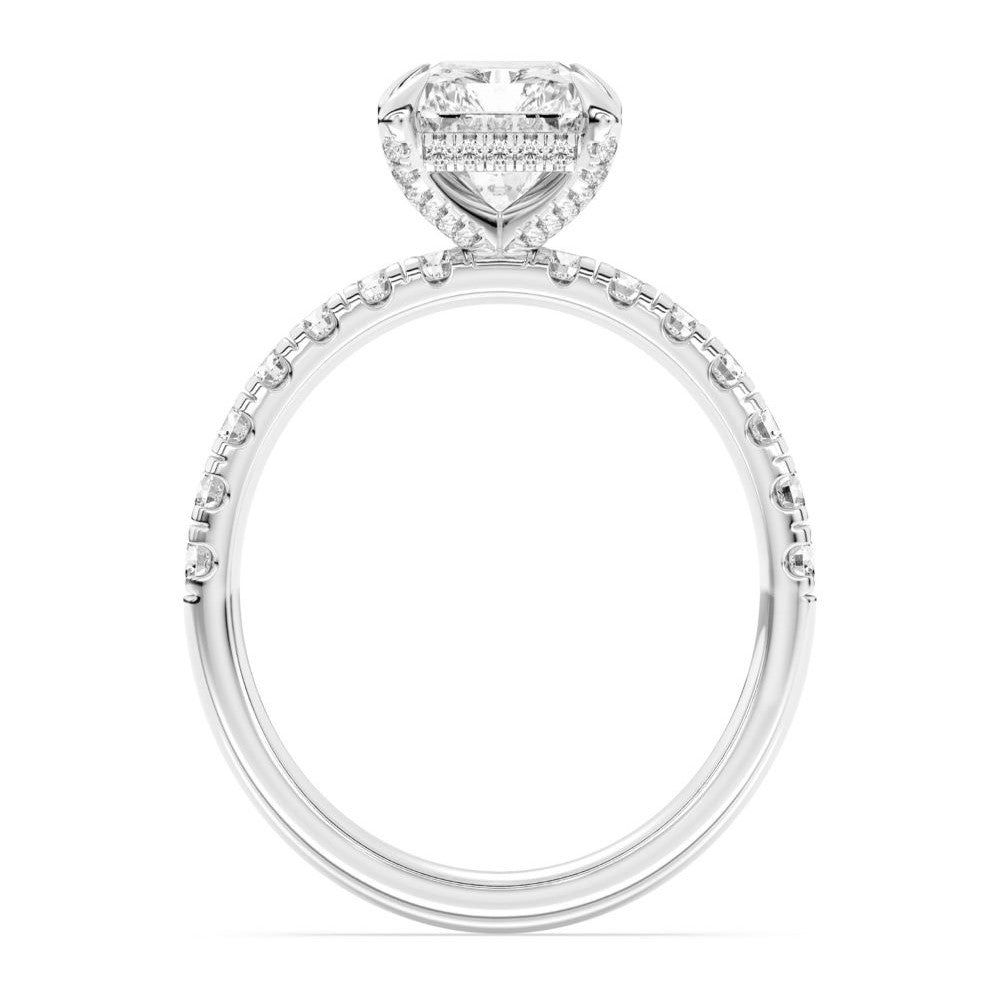 Side view of 100 Facet Radiant Lab Grown Diamond Engagement Ring with Under Halo in White Gold