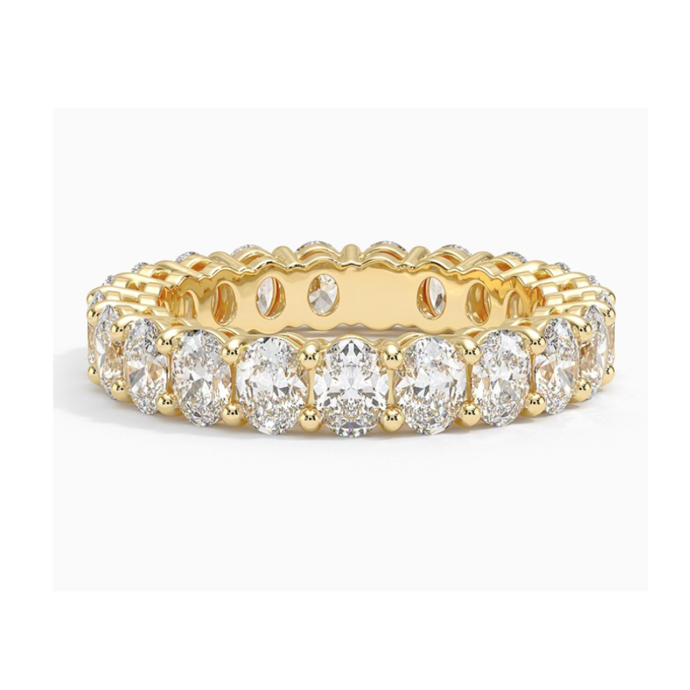 Front view of a oval lab grown diamond eternity band set in yellow gold.