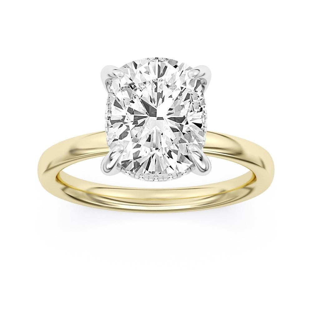 Front View of 100 Facet Cushion Lab Grown Diamond Engagement Ring with Under Halo in 14k Yellow Gold