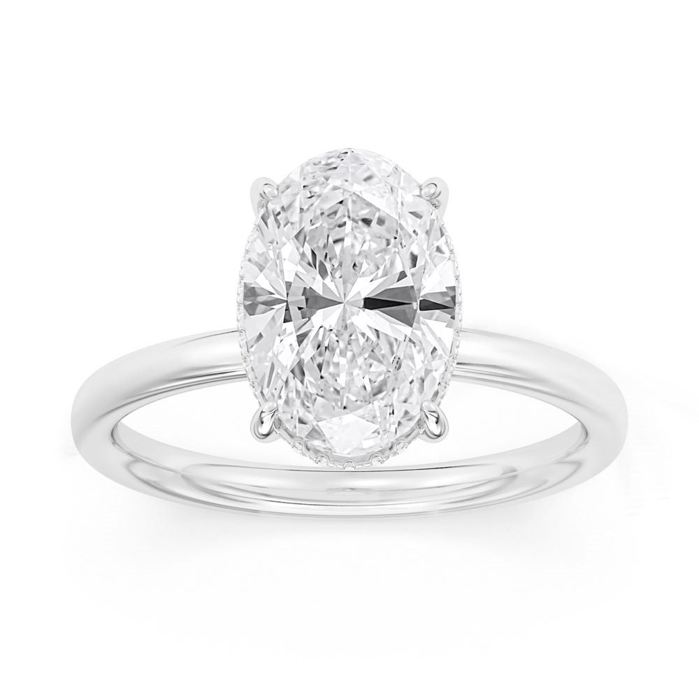 Front view of 100 Facet Oval Lab Grown Diamond Engagement Ring with Under Halo in 14k White Gold