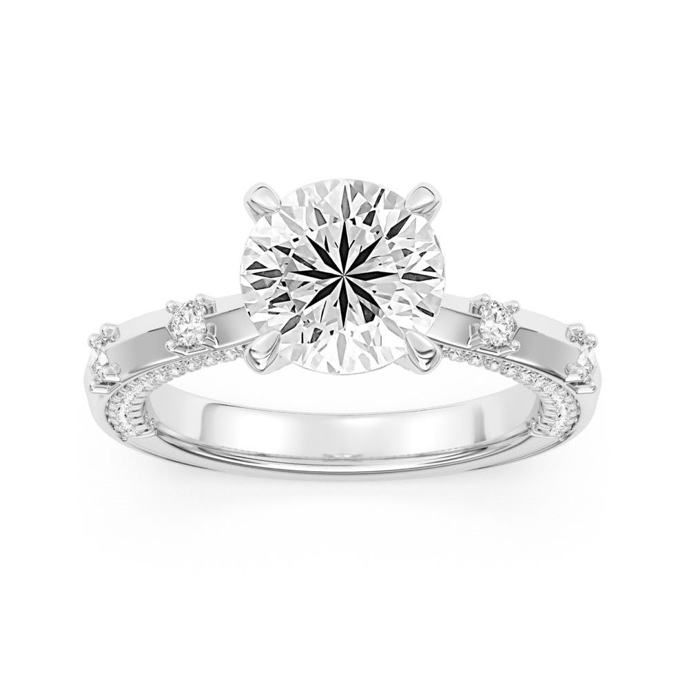 Front view of 100 Facet Round Lab Grown Diamond Engagement Ring with Pave Shank and Under Halo in 14k White Gold