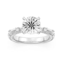 Front view of 100 Facet Round Lab Grown Diamond Engagement Ring with Pave Shank and Under Halo in 14k White Gold
