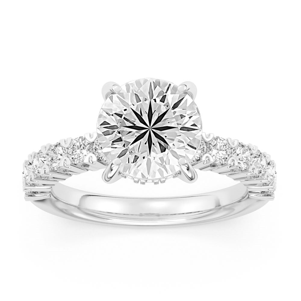 Front view of 100 Facet Round Lab Grown Diamond Engagement Ring with Side Diamonds & Under Halo in 14k White Gold