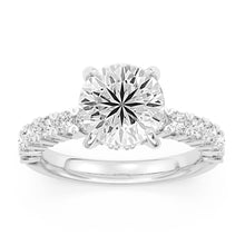 Front view of 100 Facet Round Lab Grown Diamond Engagement Ring with Side Diamonds & Under Halo in 14k White Gold
