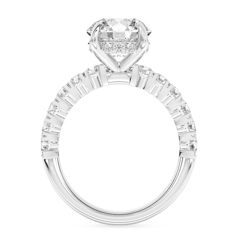 Side view of 100 Facet Round Lab Grown Diamond Engagement Ring with Side Diamonds & Under Halo in 14k White Gold