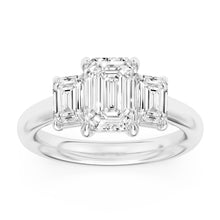 Front view of 100 Facet Emerald Cut Lab Grown Diamond Engagement Ring with 2 Side Stones in 14k White Gold