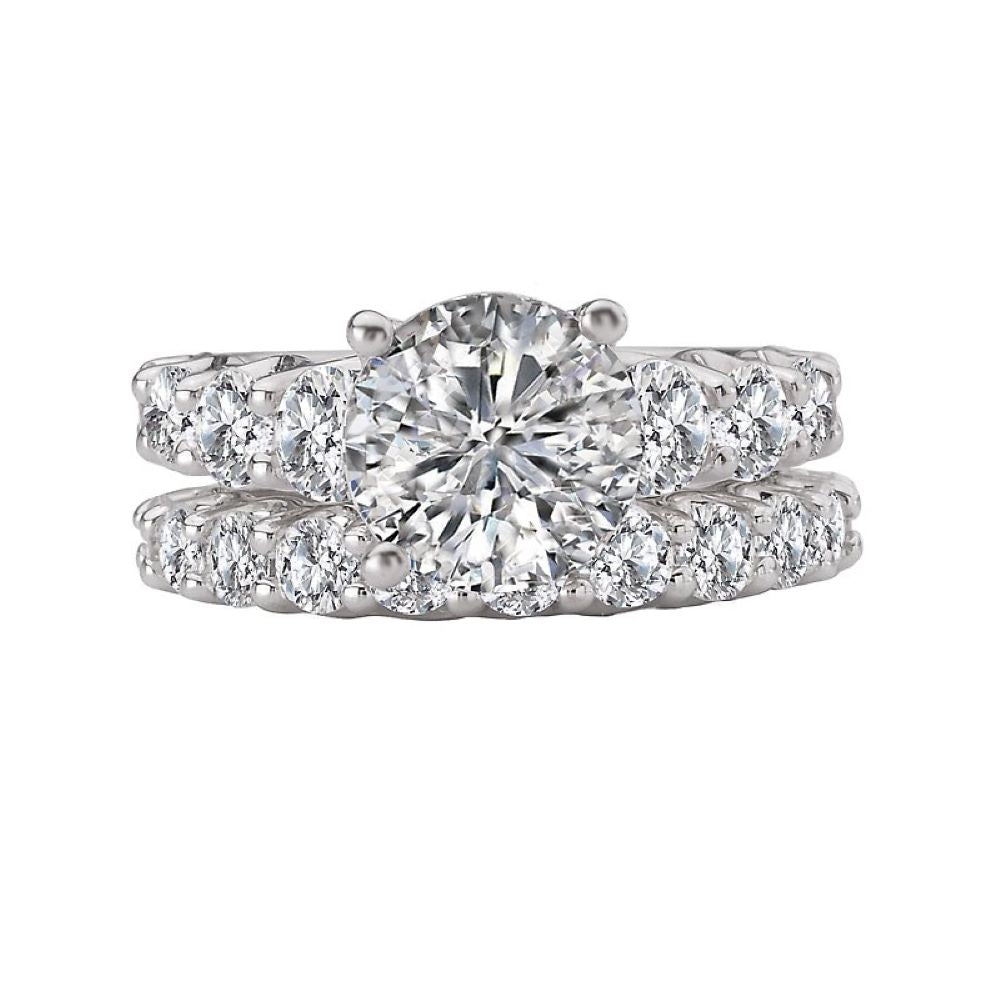 Round Classic Engagement Ring with Side Stones and Diamond Band Bridal Set