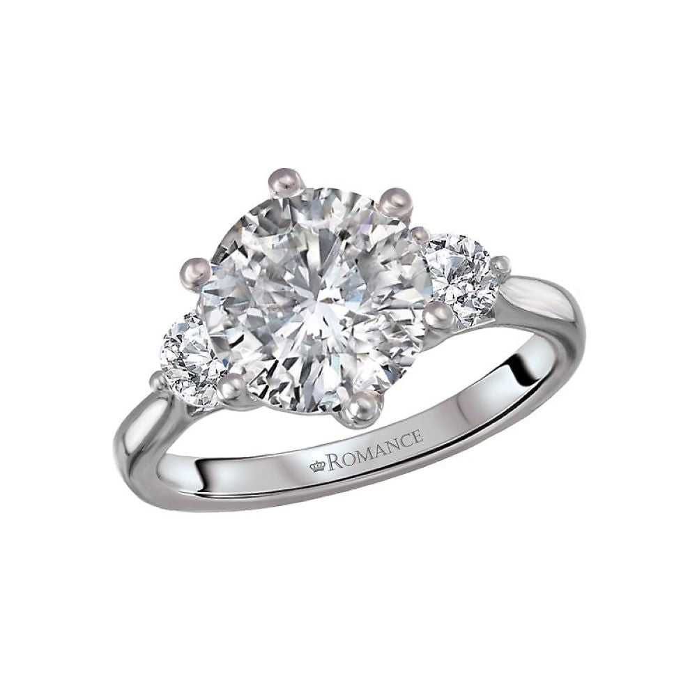 3 Stone Round Diamond Ring and Curved Band Bridal Set in 14k White Gold