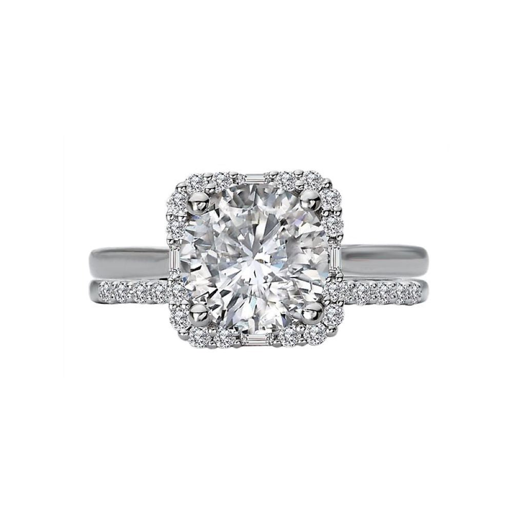 Round Diamond Engagement Ring with Baguette and Round Halo Bridal Set