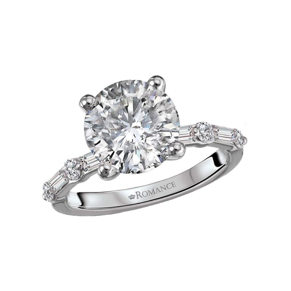 Round Engagement Ring with Baguettes and Round Side Stones Bridal Set