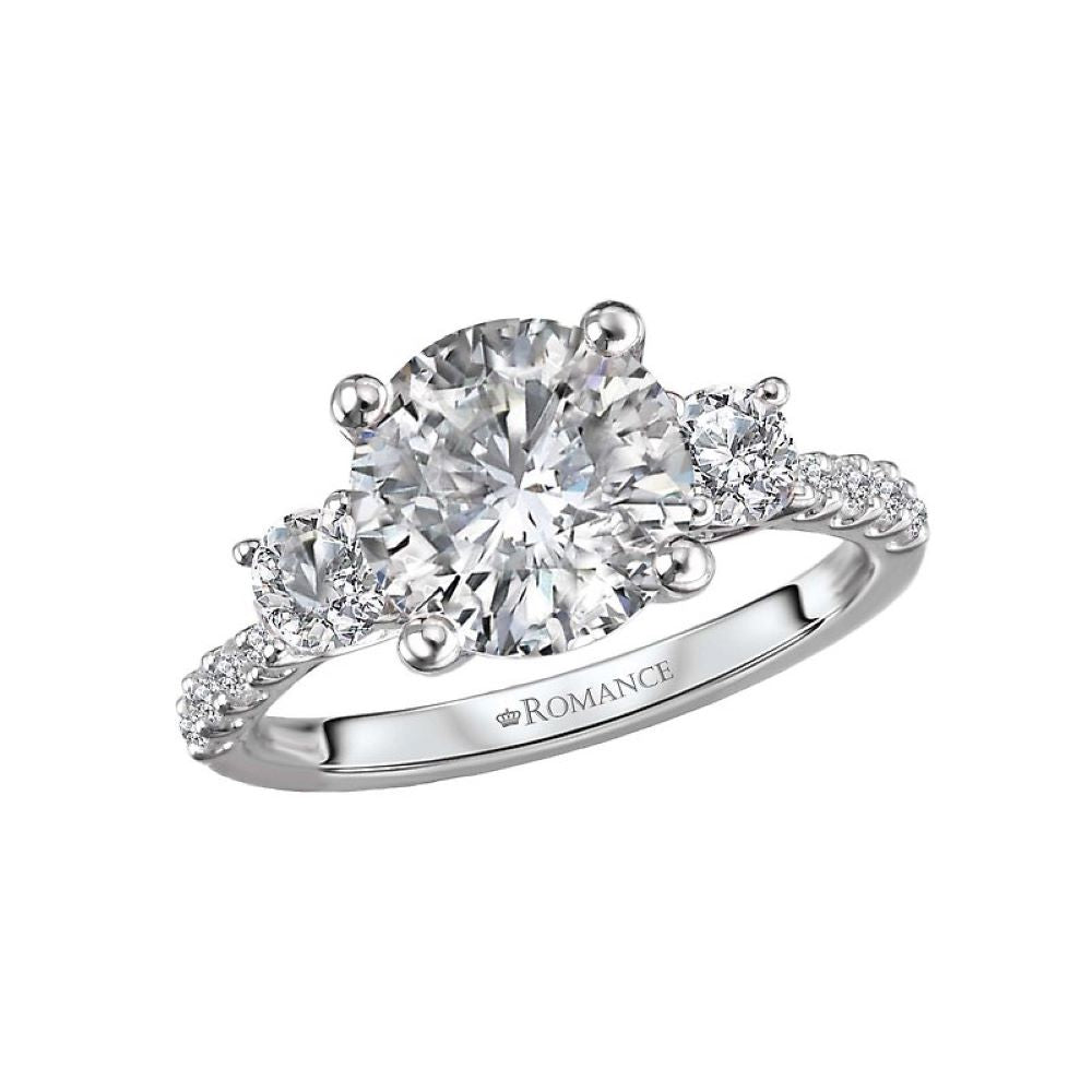 Round Three Stone Engagement Ring with Sidestones in 14k White Gold