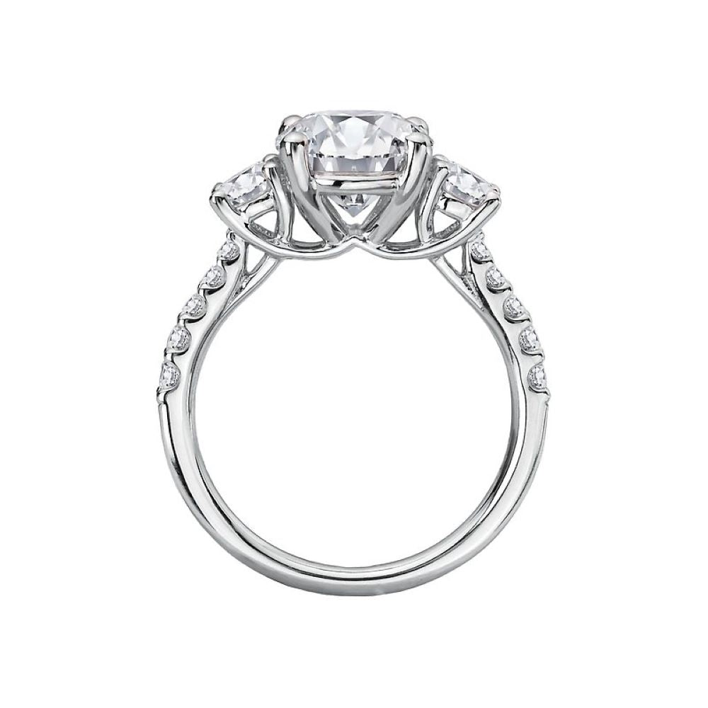 Round Three Stone Engagement Ring with Sidestones in 14k White Gold