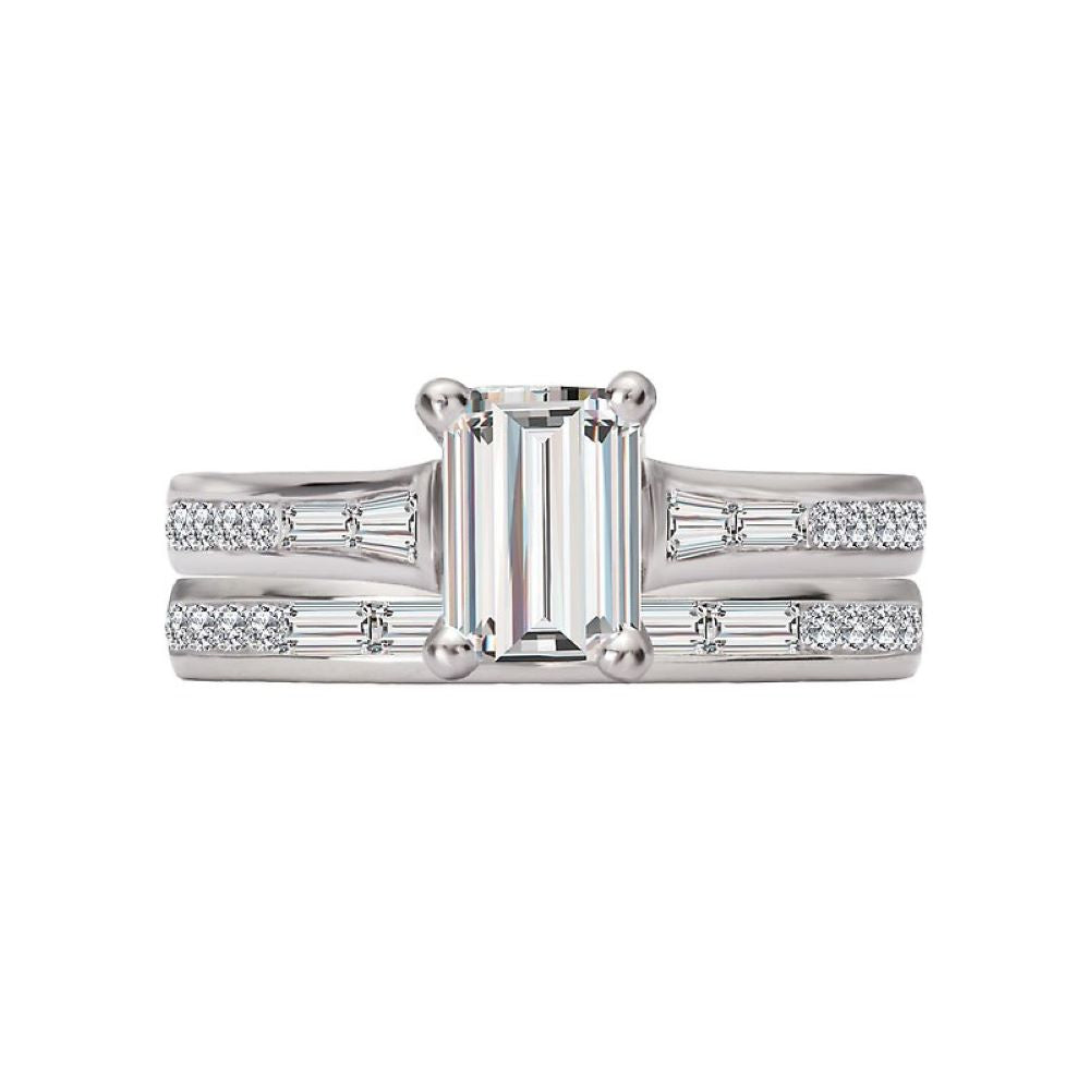 Emerald Cut Diamond Engagement and Baguette Bridal Set in 14k White Gold