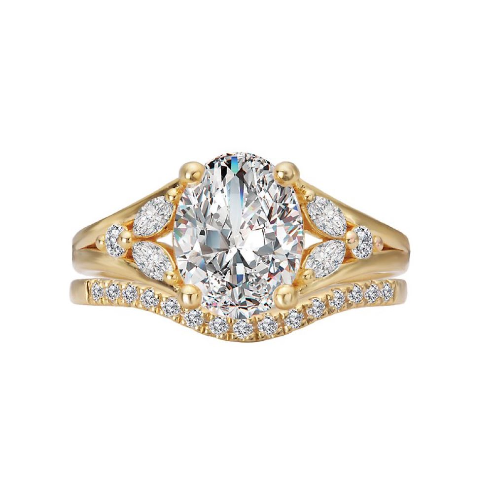 Oval Diamond Engagement Ring with Curved Band Bridal Set in 14k Yellow Gold