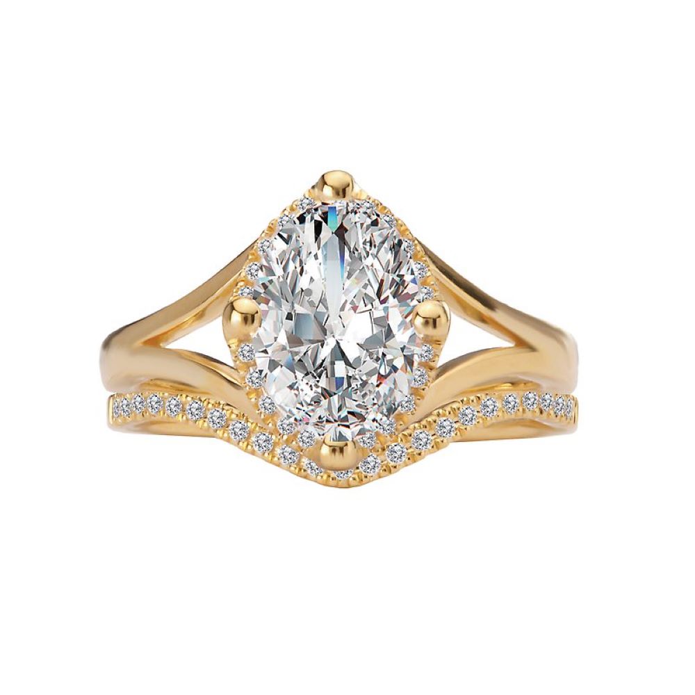 Oval Diamond Ring with Curvy Band Bridal Set in 14k Yellow Gold