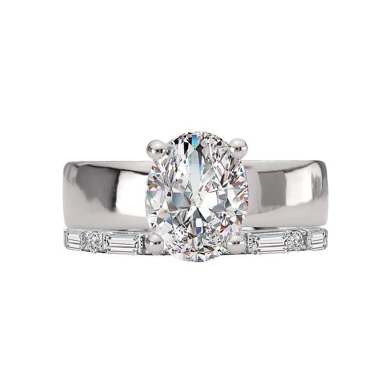 Oval Bold Band Diamond Ring Bridal Set in 14k White Gold