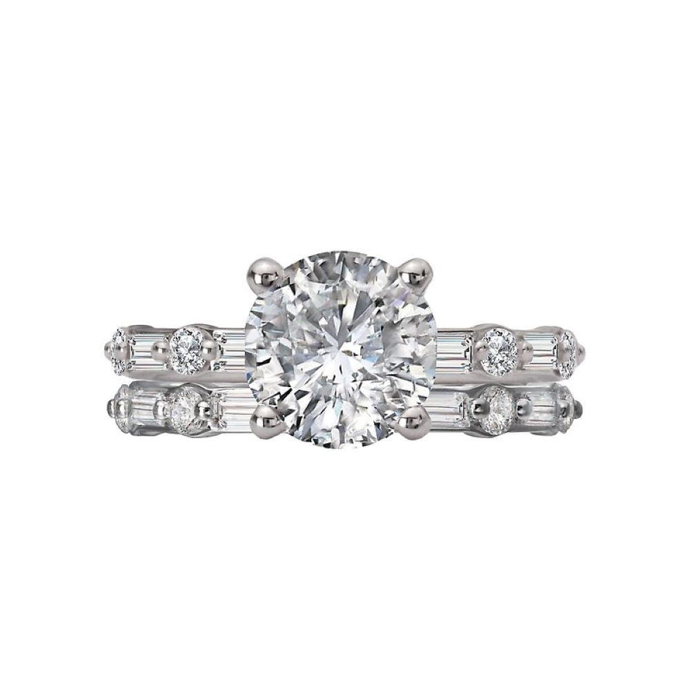 Round Engagement Ring with Baguettes and Round Side Stones Bridal Set