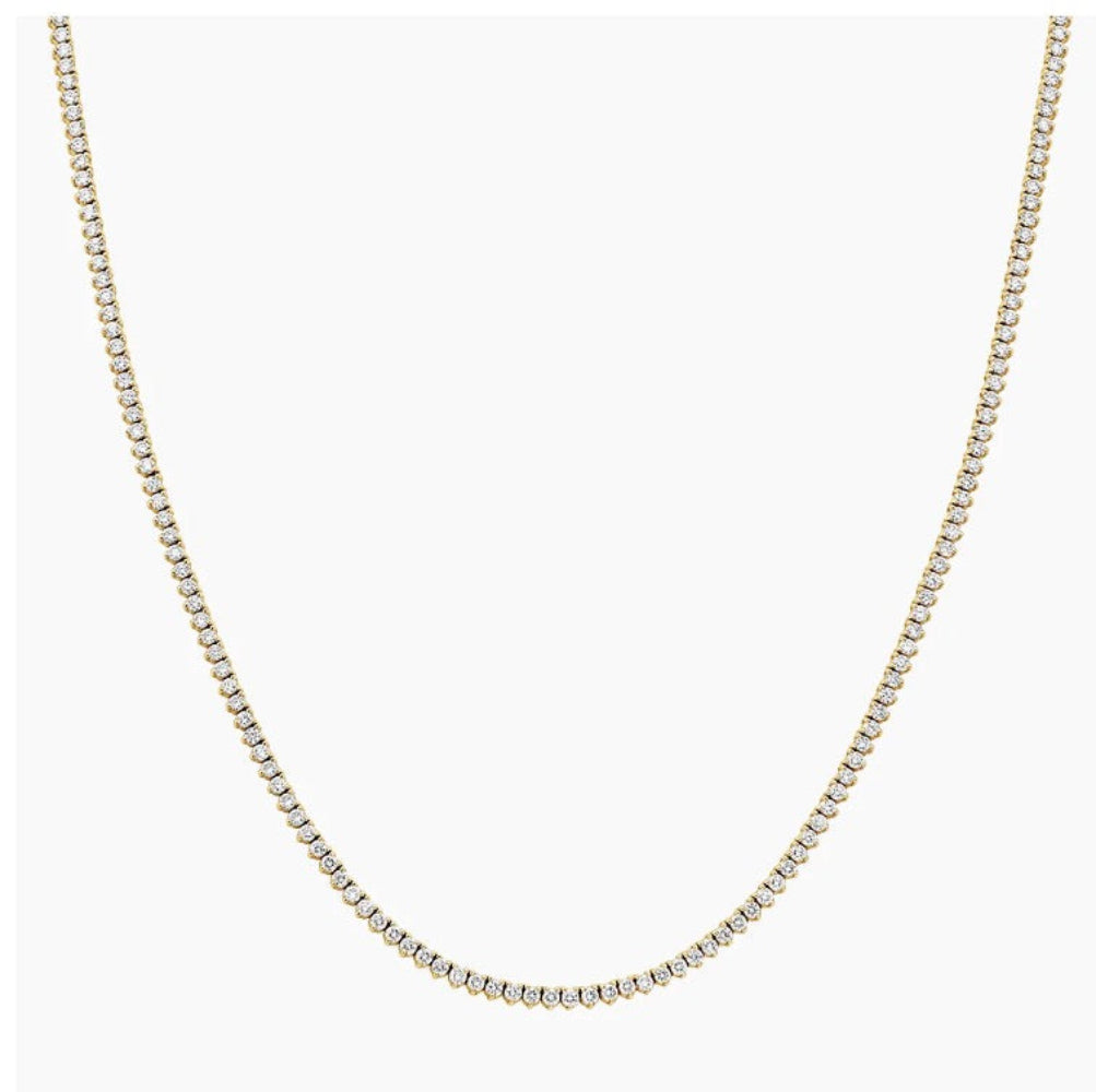 Lab grown diamond tennis necklace in yellow gold. 