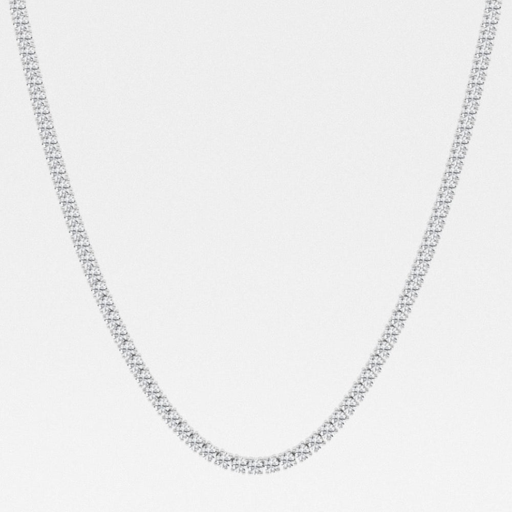 Lab grown diamond tennis necklace with four prongs in white gold. 