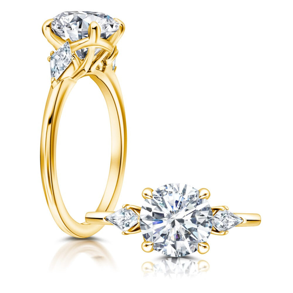 Front and side view of a Round Diamond Engagement Ring with Two Kite Side Stones set in yellow gold