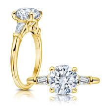 Front and side view of a Round Lab Grown Diamond Engagement Ring with Trapezoid Side Stones set in 14k yellow gold.