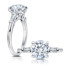 Front and side view of a Round Lab Grown Diamond Engagement Ring with Trapezoid Side Stones set in 14k white gold.