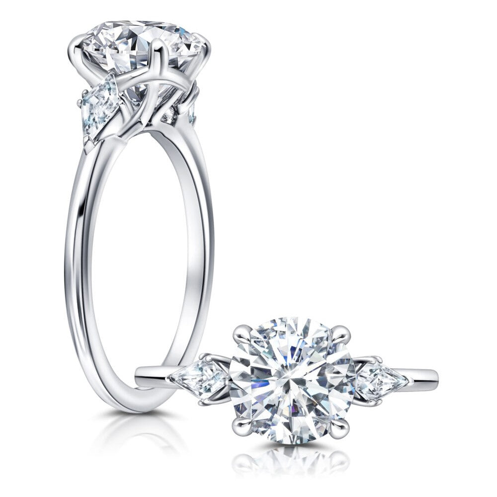 Front and side view of a Round Diamond Engagement Ring with Two Kite Side Stones set in white gold