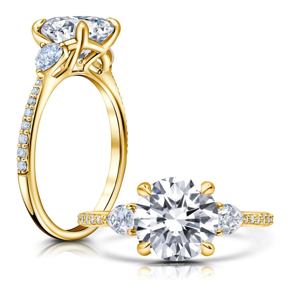 Front and side view of a Round Lab Grown Diamond Engagement Ring with Two Pear Side Stones set in 14 Yellow gold.