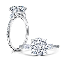 Side view of Round Lab Grown Diamond Engagement Ring with Marquis Side Stones set in 14k white gold