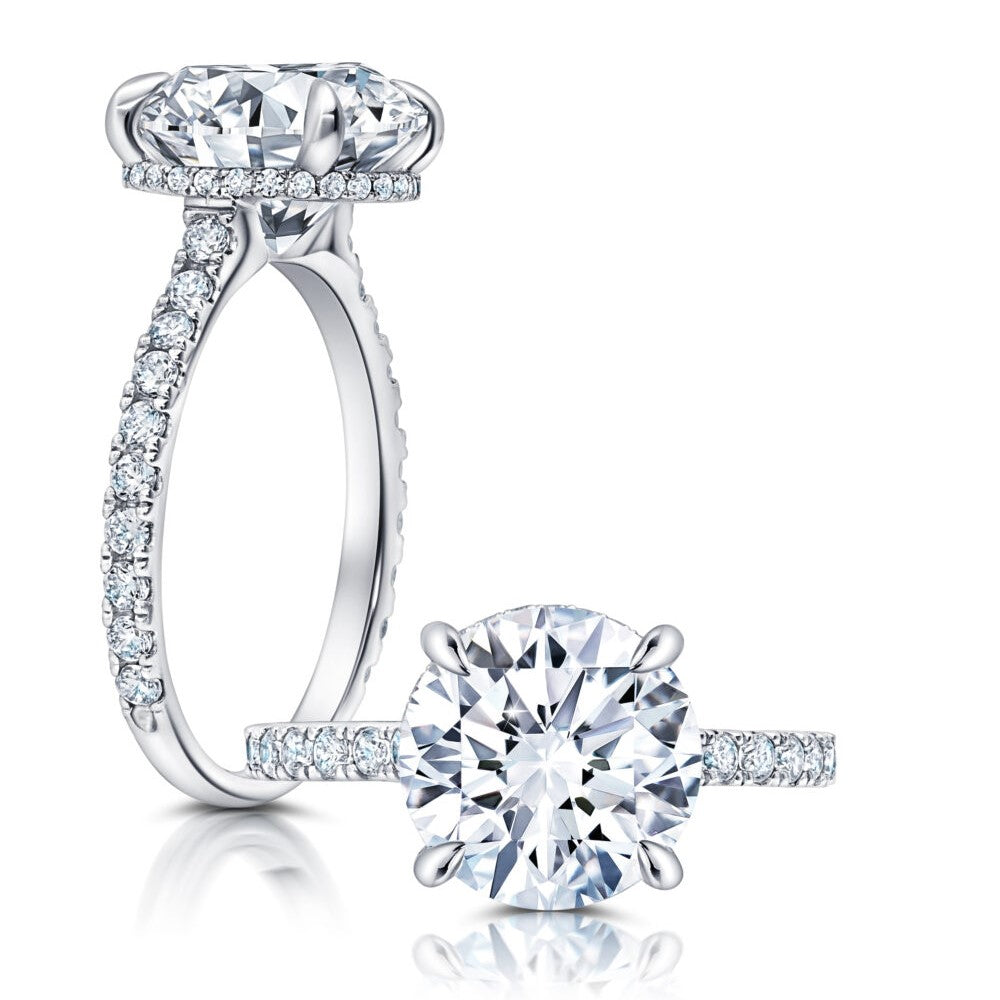 Round Lab Grown Diamond Engagement Ring with Under Halo and Sidestones in White Gold