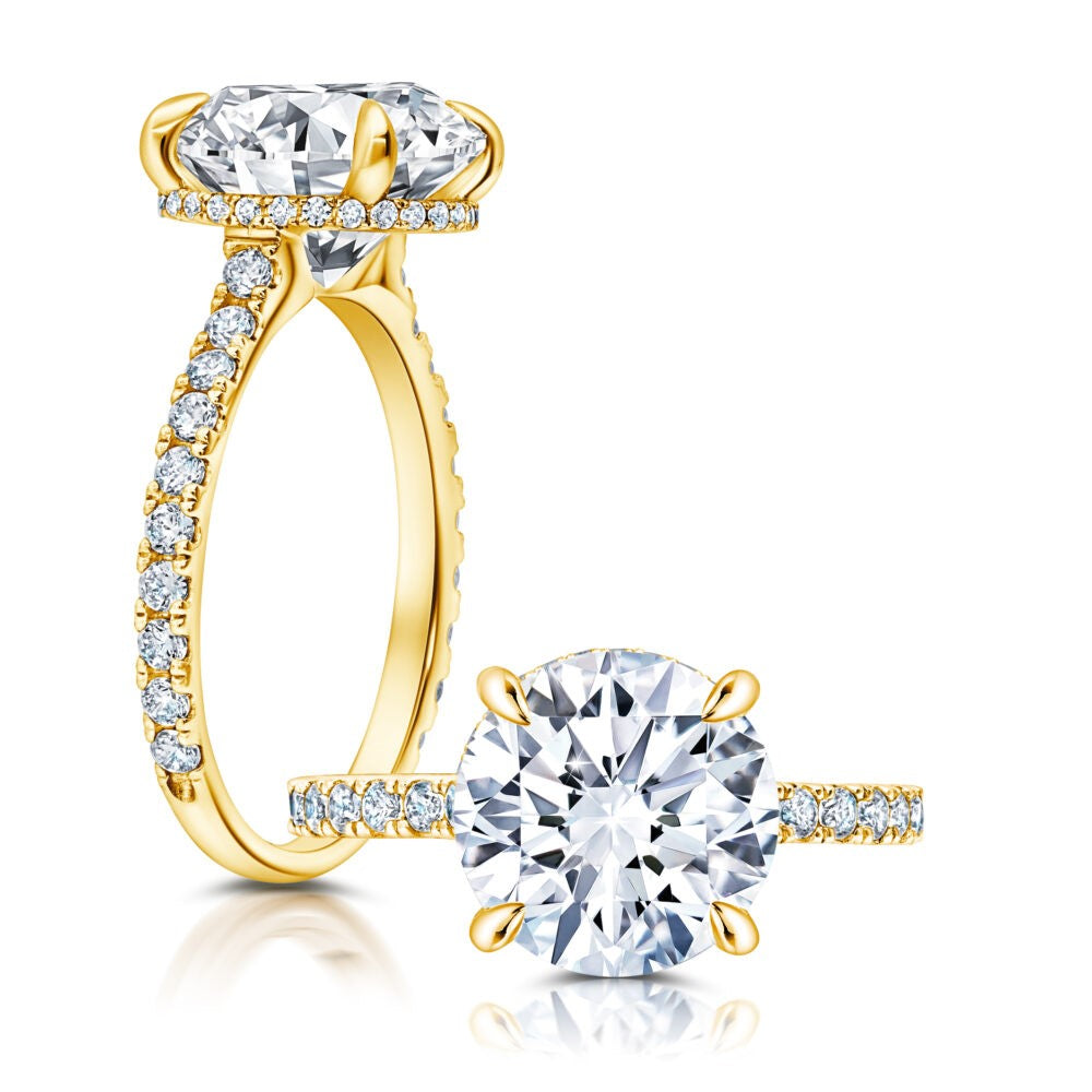 Round Lab Grown Diamond Engagement Ring with Under Halo and Sidestones set in yellow gold