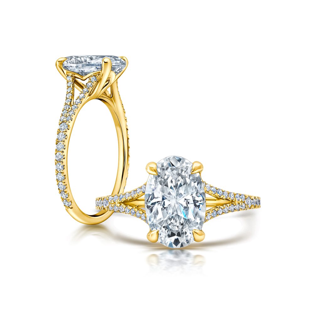 Oval Lab Grown Diamond Split Shank Engagement Ring in Yellow Gold