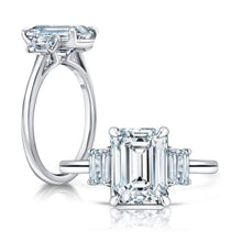 Front and side view of an Emerald Diamond Engagement Ring with Emerald Side Stones set in white gold.