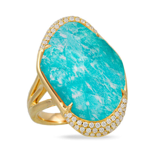 An amazonite and diamond gold asymmetrical ring designed by Doves by Doreen Paloma