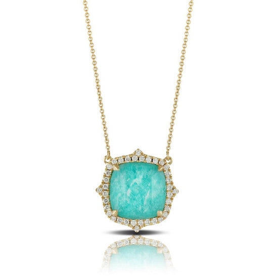 Turquoise amazonite gem surrounded by diamonds on a gold chain