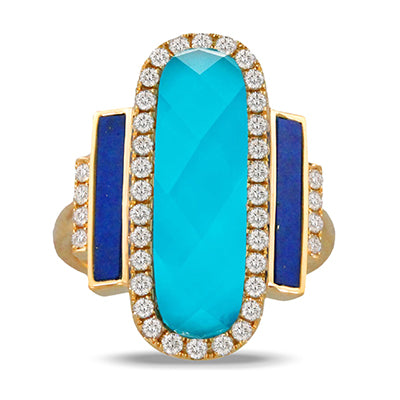 Turquoise & Lapis with Diamond Halo Ring